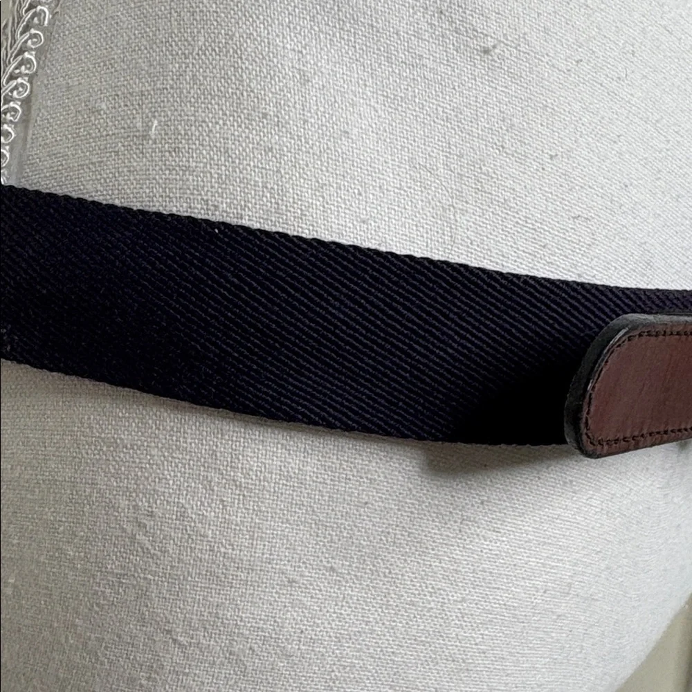 Vintage Brown and Navy Belt with Brass Buckle. Fabric & Leather. 36